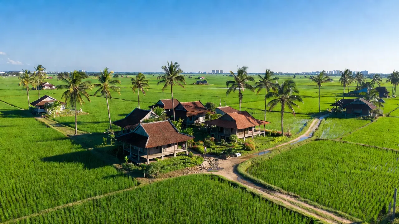 Khung cảnh xanh tươi của xã Phi Thông, Rạch Giá, Kiên Giang với cánh đồng và nhà truyền thống.