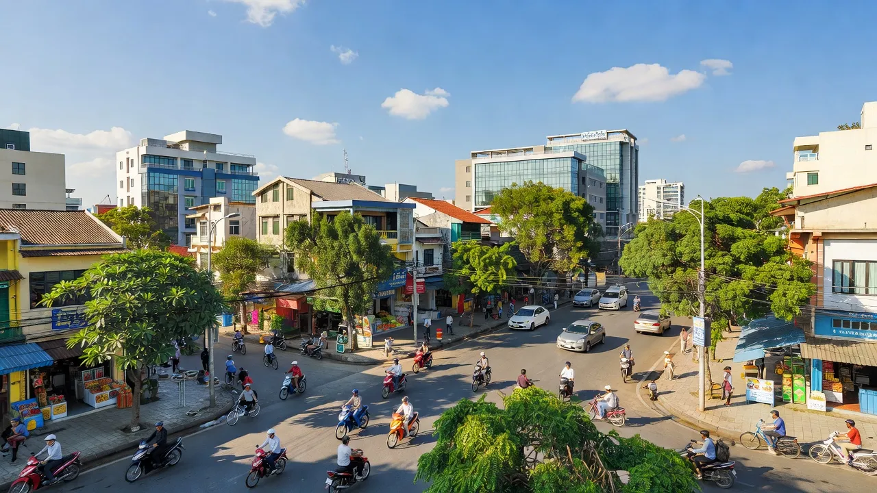Cảnh quan đô thị trung tâm Phường Rạch Sỏi, Rạch Giá, Kiên Giang, với cây xanh và mùa hè nắng ấm.
