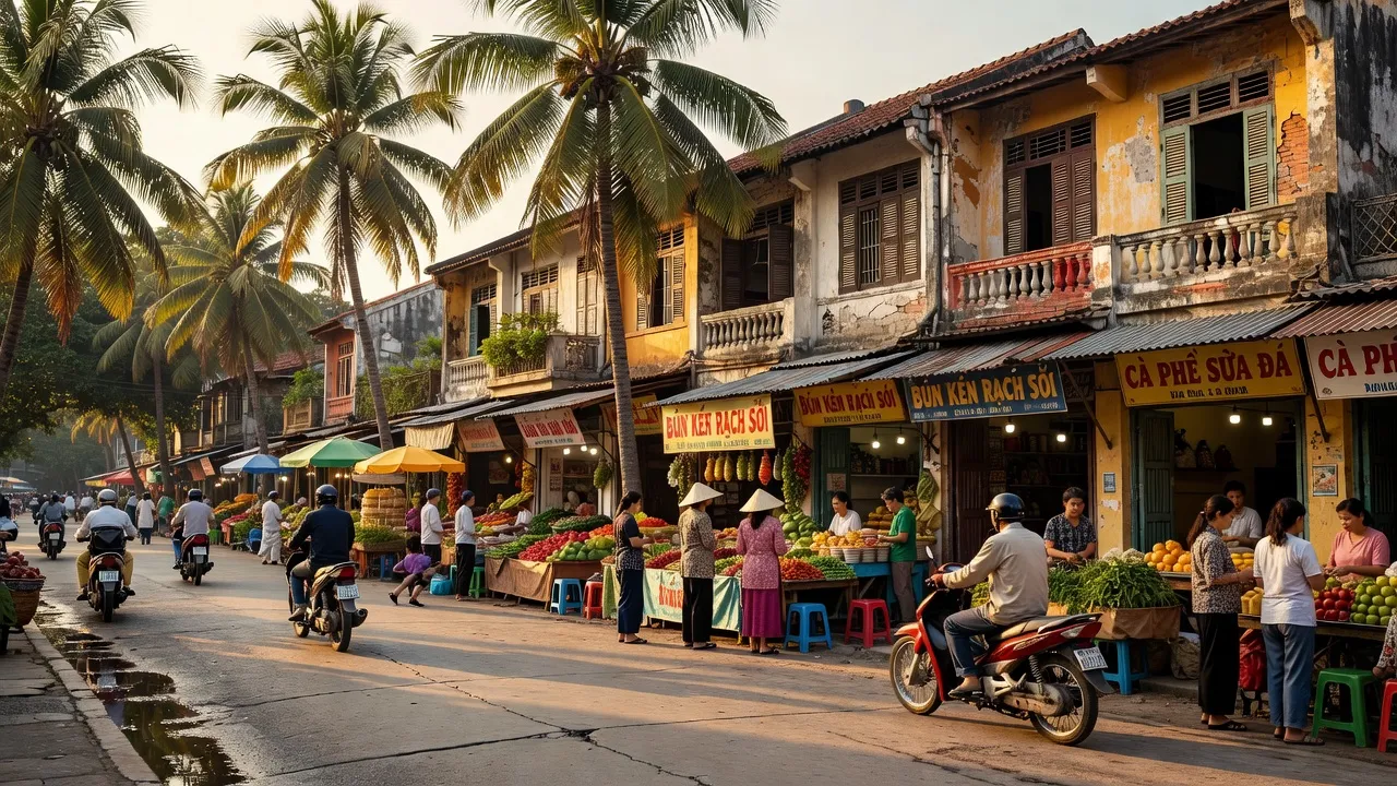 Phường Rạch Sỏi, Rạch Giá, Kiên Giang with lively streets, local culture, and tropical greenery.