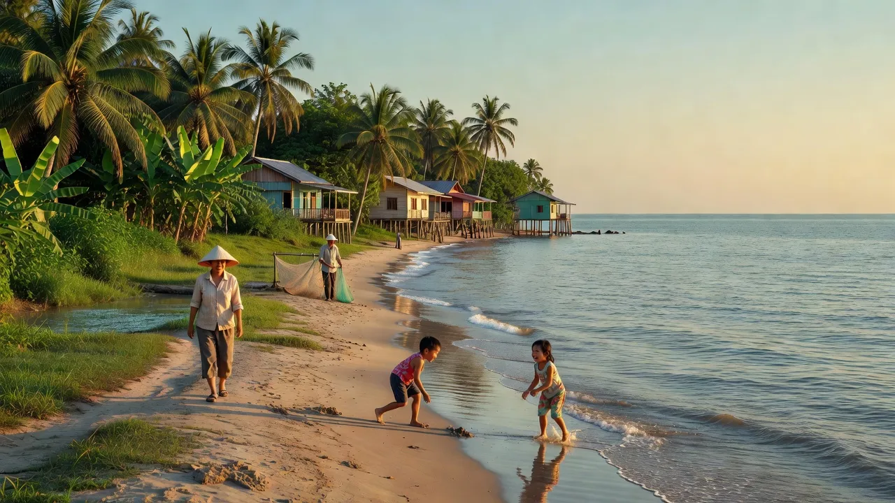 Khung cảnh ven biển Vĩnh Hiệp, Rạch Giá với nhà cửa và cây xanh, thể hiện cuộc sống địa phương.