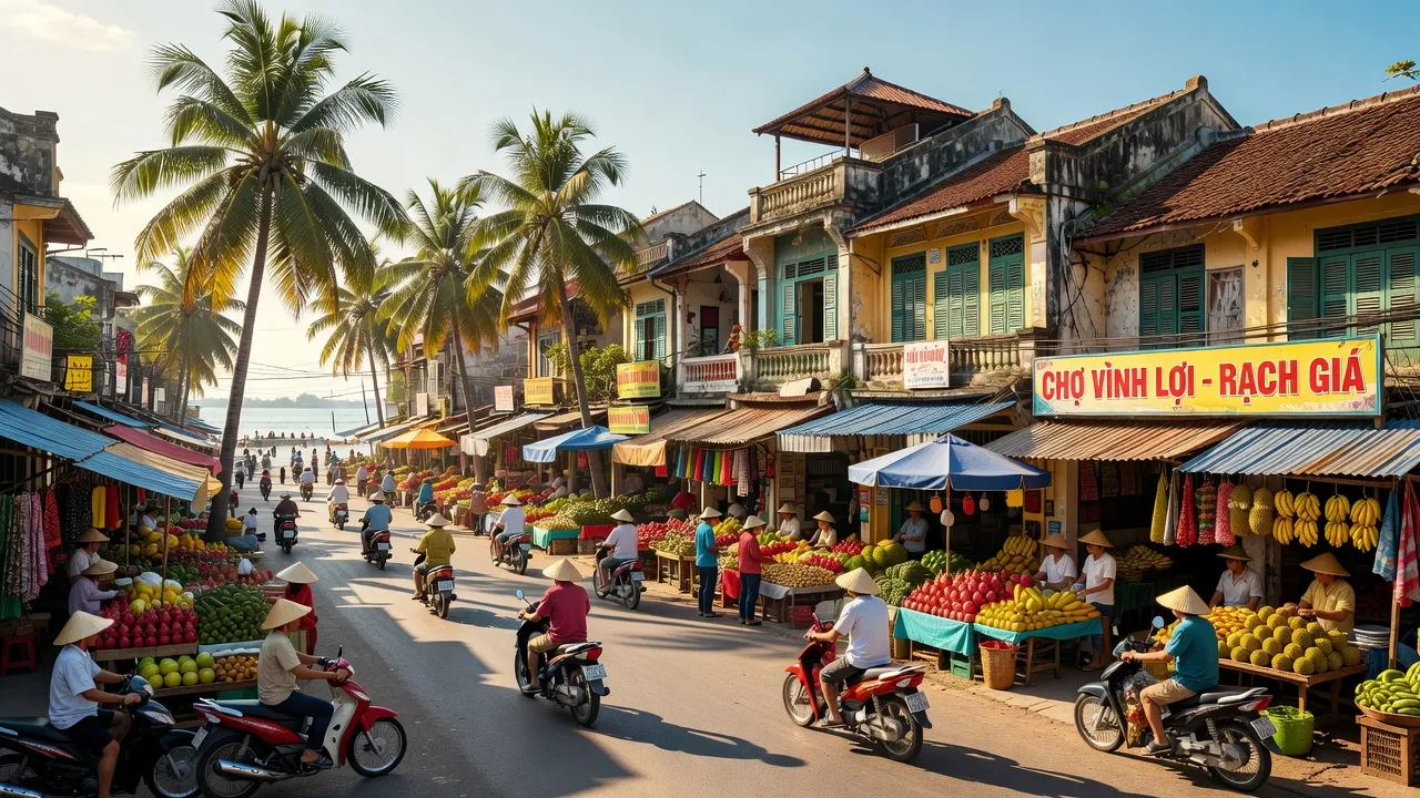 Phường Vĩnh Lợi, Rạch Giá, Kiên Giang với chợ địa phương và kiến trúc truyền thống trong ánh nắng.