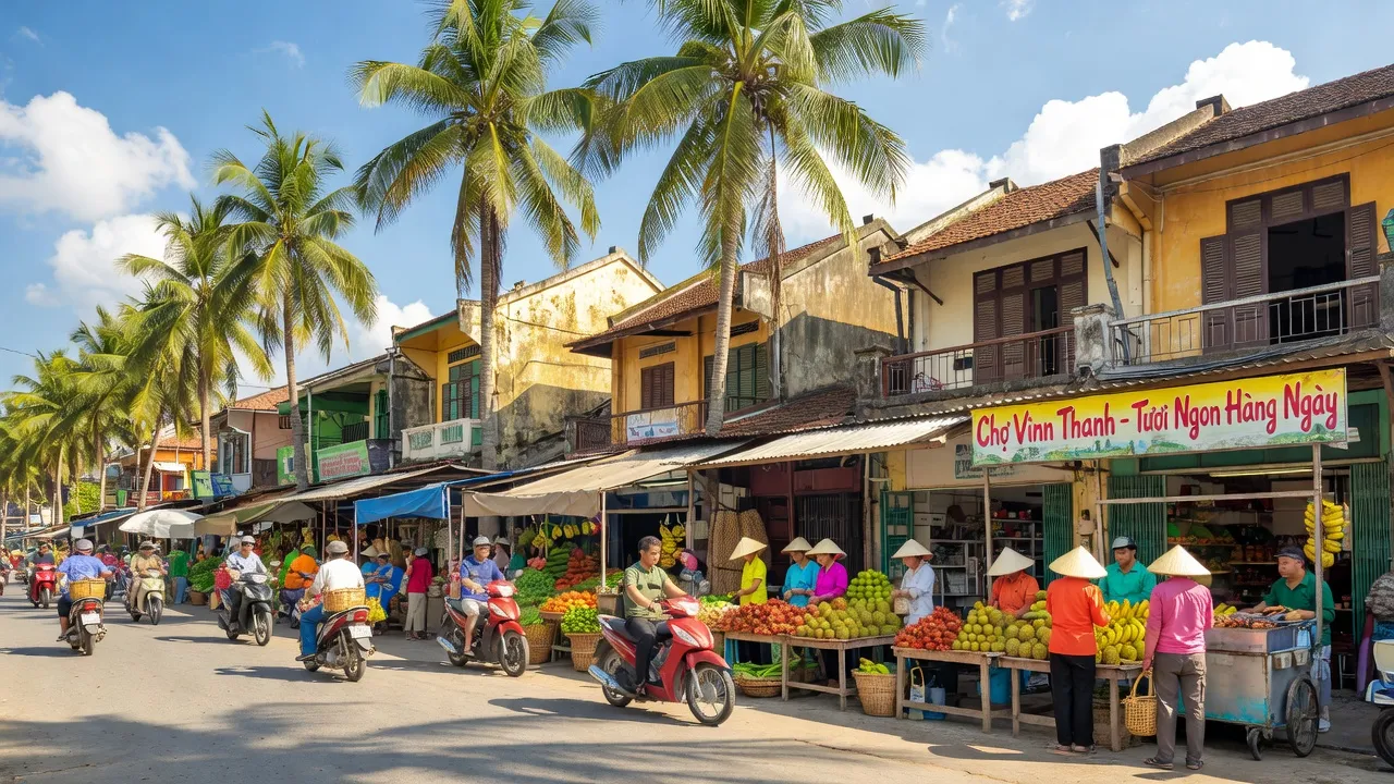 Cảnh quan phố phường Vĩnh Thanh, Rạch Giá, Kiên Giang với kiến trúc và cuộc sống hàng ngày.