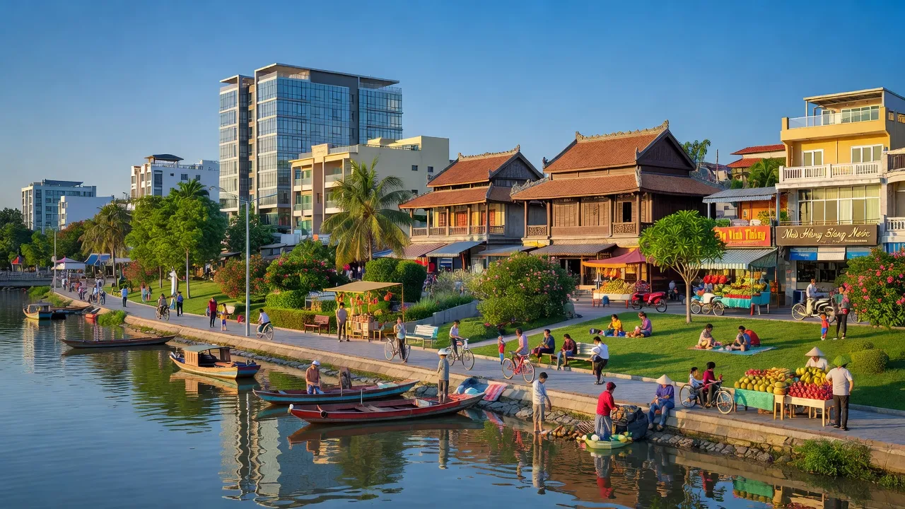 Khung cảnh phường Vĩnh Thông, Rạch Giá, với sông và kiến trúc hiện đại, nét văn hóa địa phương.