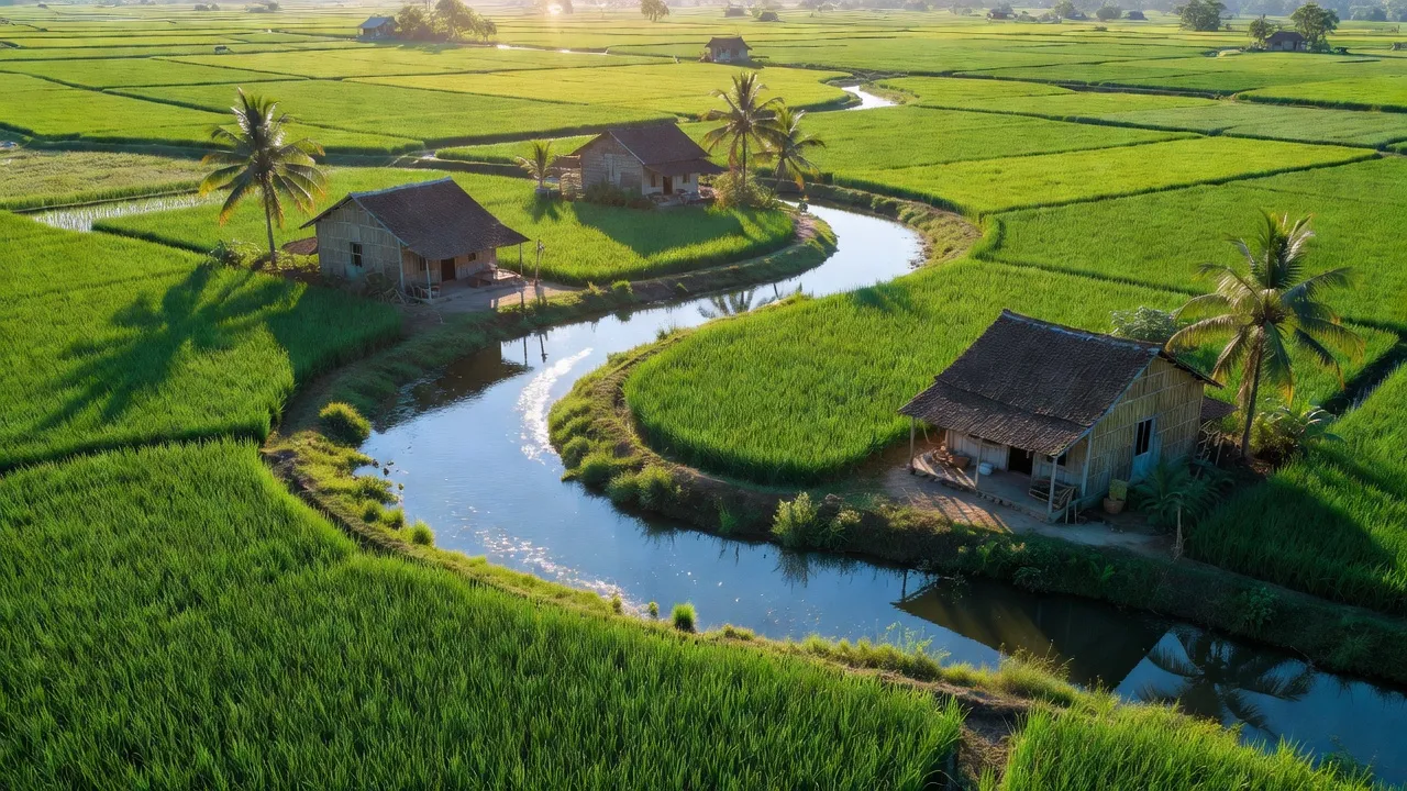 Cảnh đồng quê huyện Tân Hiệp, Kiên Giang với ruộng xanh, sông và nhà nông thôn.