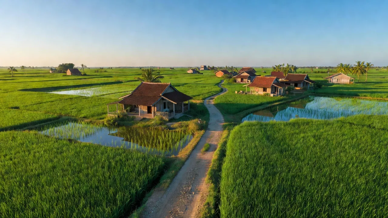 Cánh đồng xanh tươi ở xã Tân An, huyện Tân Hiệp, tỉnh Kiên Giang với nhà truyền thống Việt Nam.