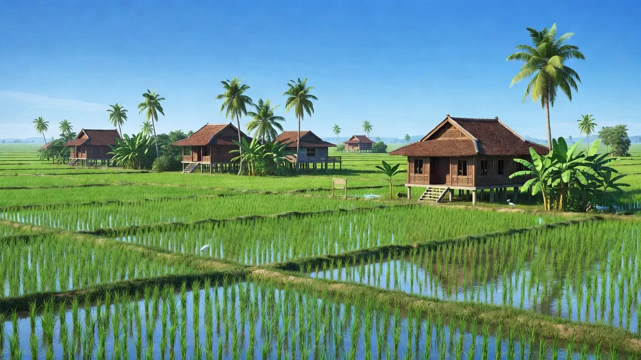 Cánh đồng xanh tươi tại Xã Tân An, Huyện Tân Hiệp, Tỉnh Kiên Giang, khí hậu nhiệt đới, nhà truyền thống.