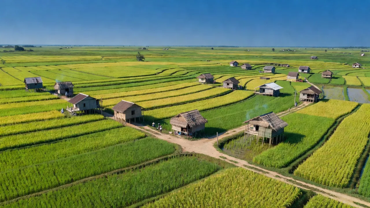 Khung cảnh bình dị xã Tân Hiệp A, huyện Tân Hiệp, Kiên Giang với cánh đồng xanh và nhà cửa địa phương.