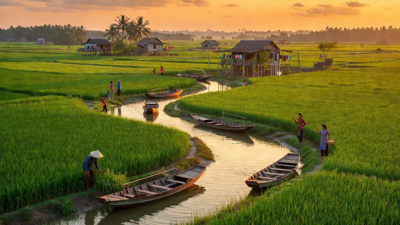 Khung cảnh xã Tân Hoà, huyện Tân Hiệp, tỉnh Kiên Giang với cánh đồng xanh tươi và cuộc sống địa phương.