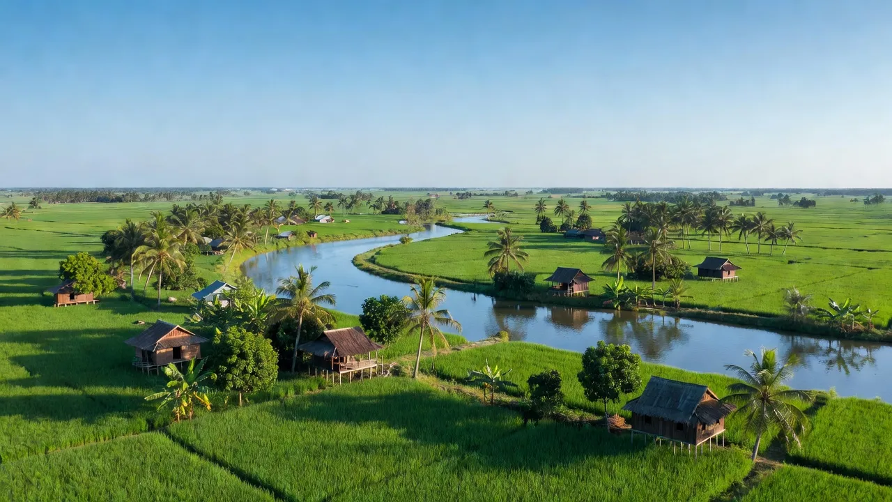 Khung cảnh xanh tươi Xã Tân Hoà, Huyện Tân Hiệp, tỉnh Kiên Giang, với đồng ruộng và dòng sông.