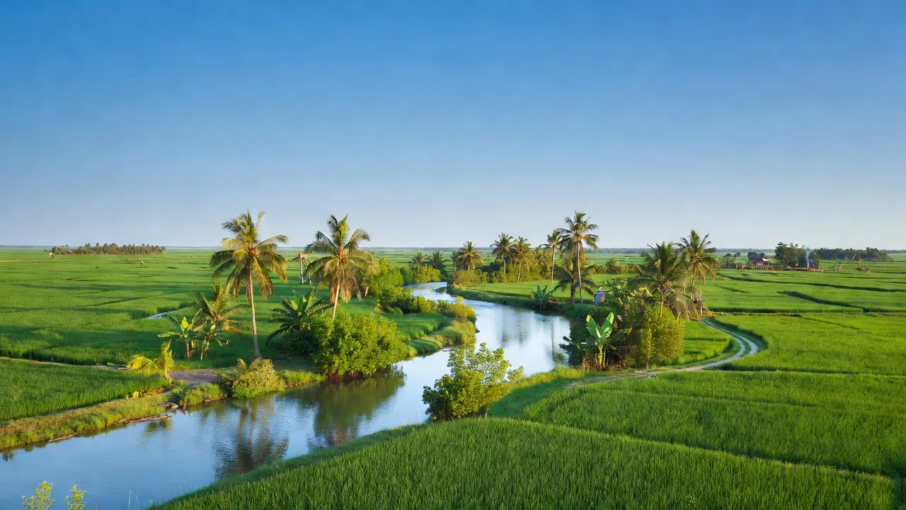 Khung cảnh nông thôn tại Xã Tân Hội, Huyện Tân Hiệp, Tỉnh Kiên Giang, với đồng ruộng và bầu trời trong xanh.