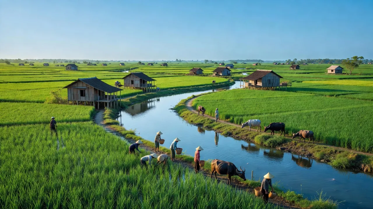 Khung cảnh xã Tân Thành, huyện Tân Hiệp, Kiên Giang với đồng ruộng, sông và bầu trời trong xanh.