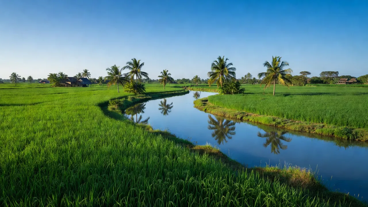 Cảnh đẹp xã Thạnh Đông B, huyện Tân Hiệp, Kiên Giang với cánh đồng xanh và sông nước yên bình.
