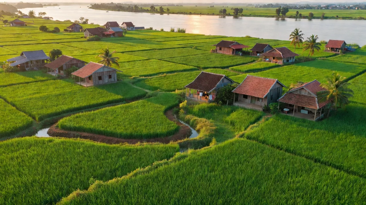 Cảnh đẹp xã Thạnh Đông B, huyện Tân Hiệp, tỉnh Kiên Giang với ruộng xanh và sông Cái Lớn.