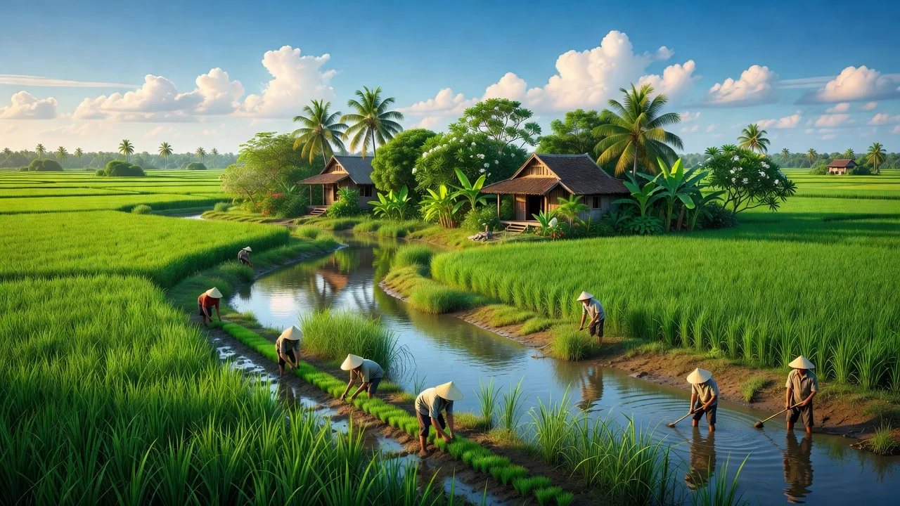 Cảnh quan đẹp ở xã Thạnh Trị, huyện Tân Hiệp, Kiên Giang với đồng lúa xanh ngát và dòng sông yên bình.