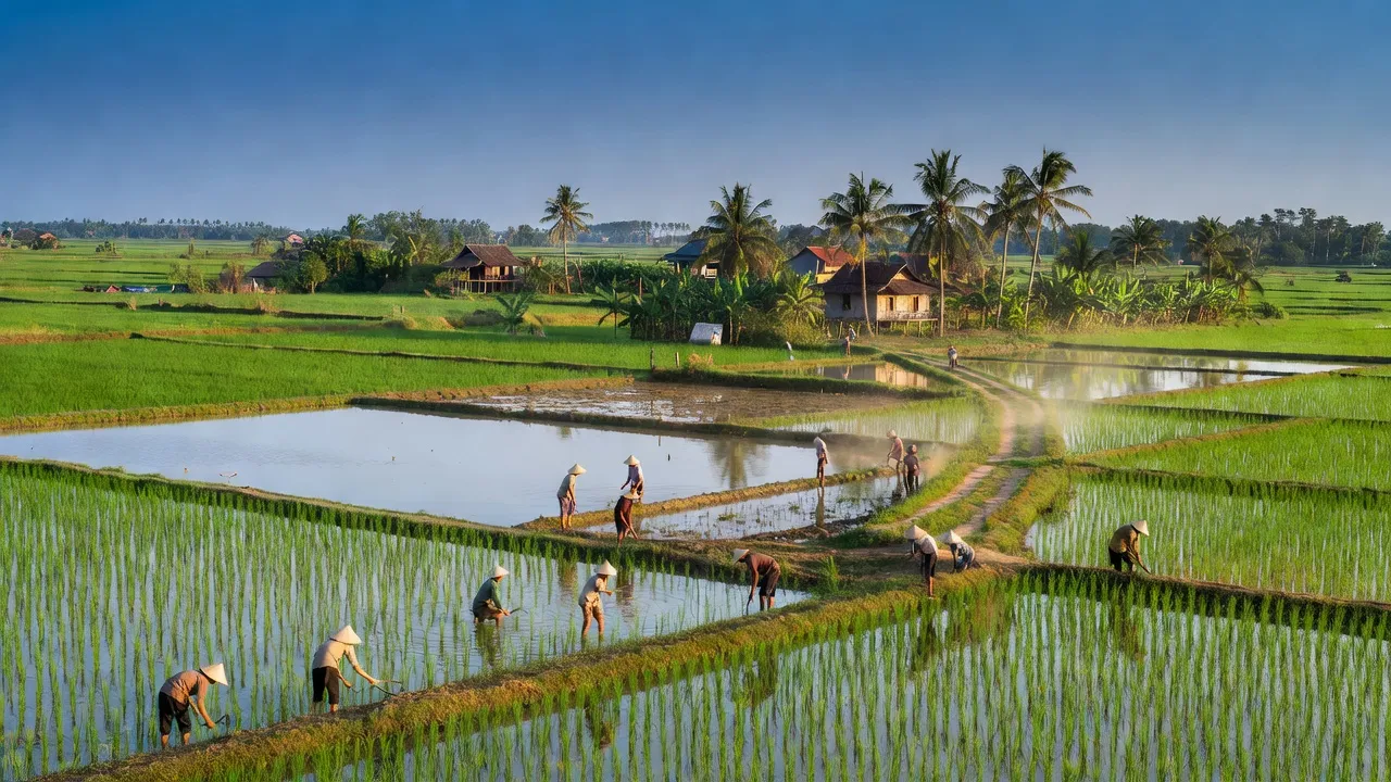 Cảnh quan xã Thạnh Trị, huyện Tân Hiệp, Kiên Giang với đồng ruộng và ao nuôi thủy sản.