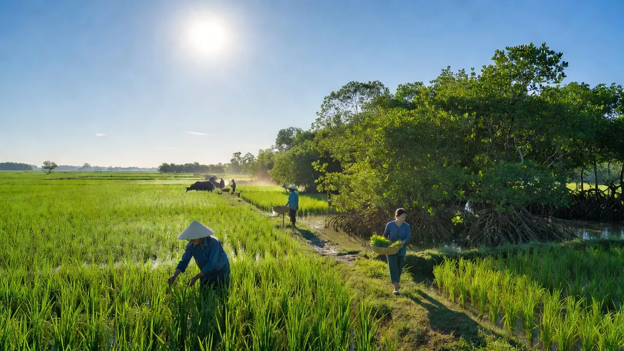 Cảnh sắc nông thôn An Minh Bắc, Kiên Giang với rừng ngập mặn và cánh đồng xanh.