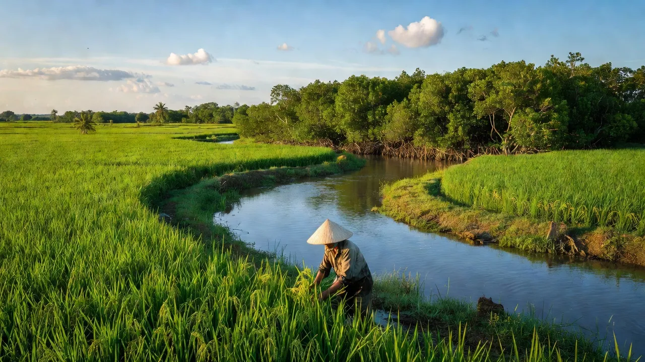 Khung cảnh nông thôn An Minh Bắc, Kiên Giang với cánh đồng, rừng ngập mặn và sông nước.