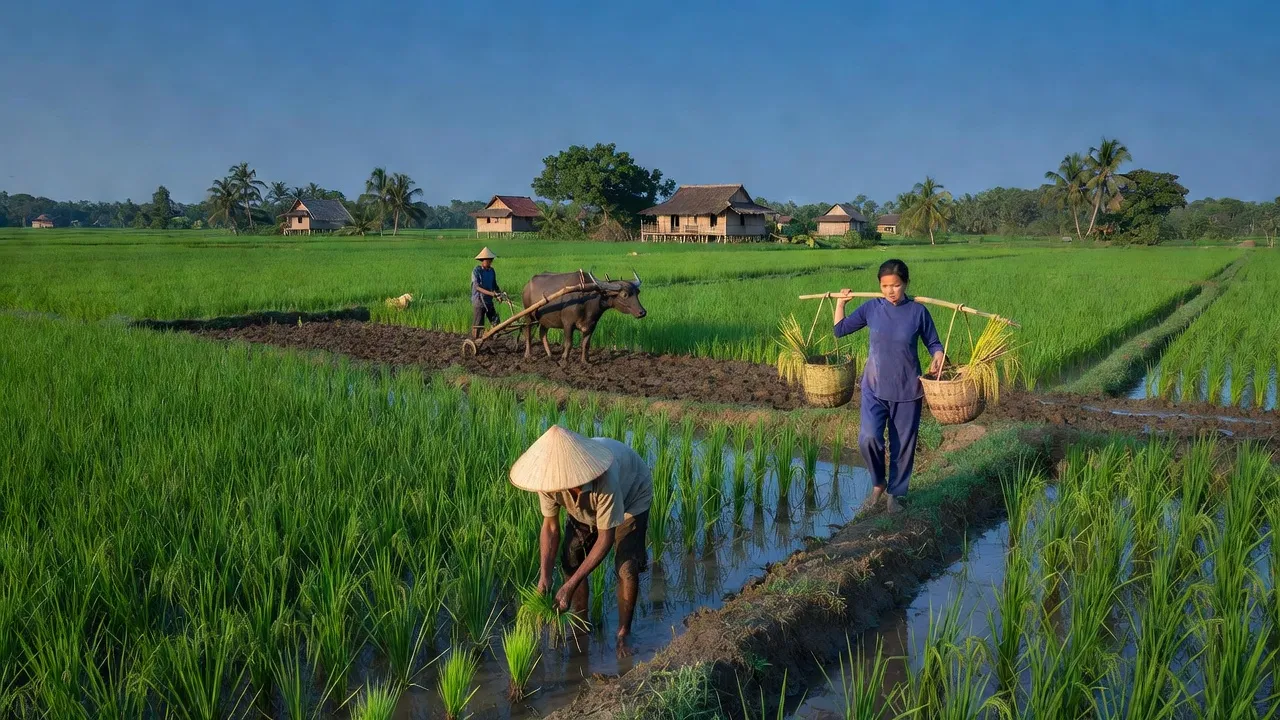 Cảnh đẹp nông thôn xã Hoà Chánh, huyện U Minh Thượng, tỉnh Kiên Giang với cánh đồng xanh.