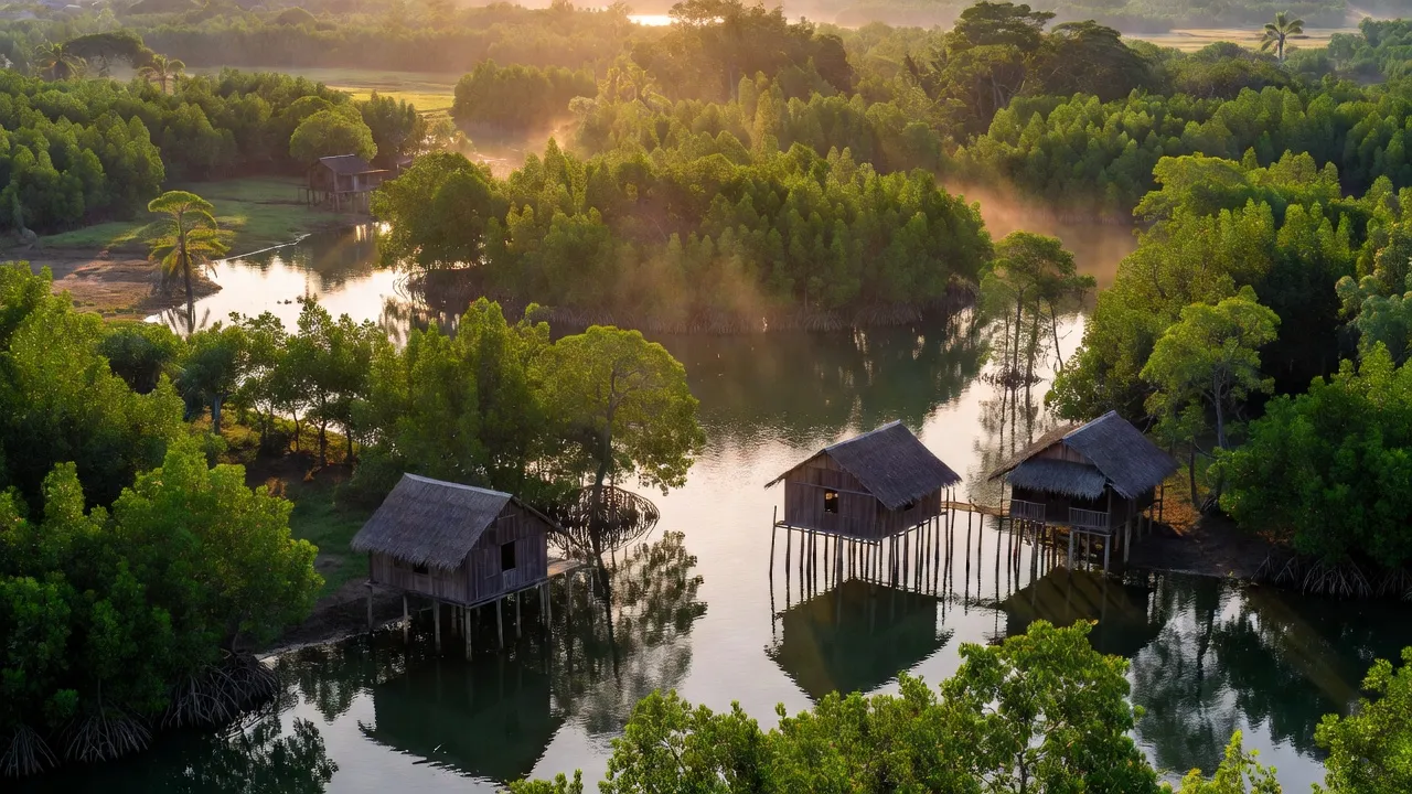Cảnh đẹp xã Minh Thuận, huyện U Minh Thượng, tỉnh Kiên Giang với rừng ngập mặn và nhà truyền thống.