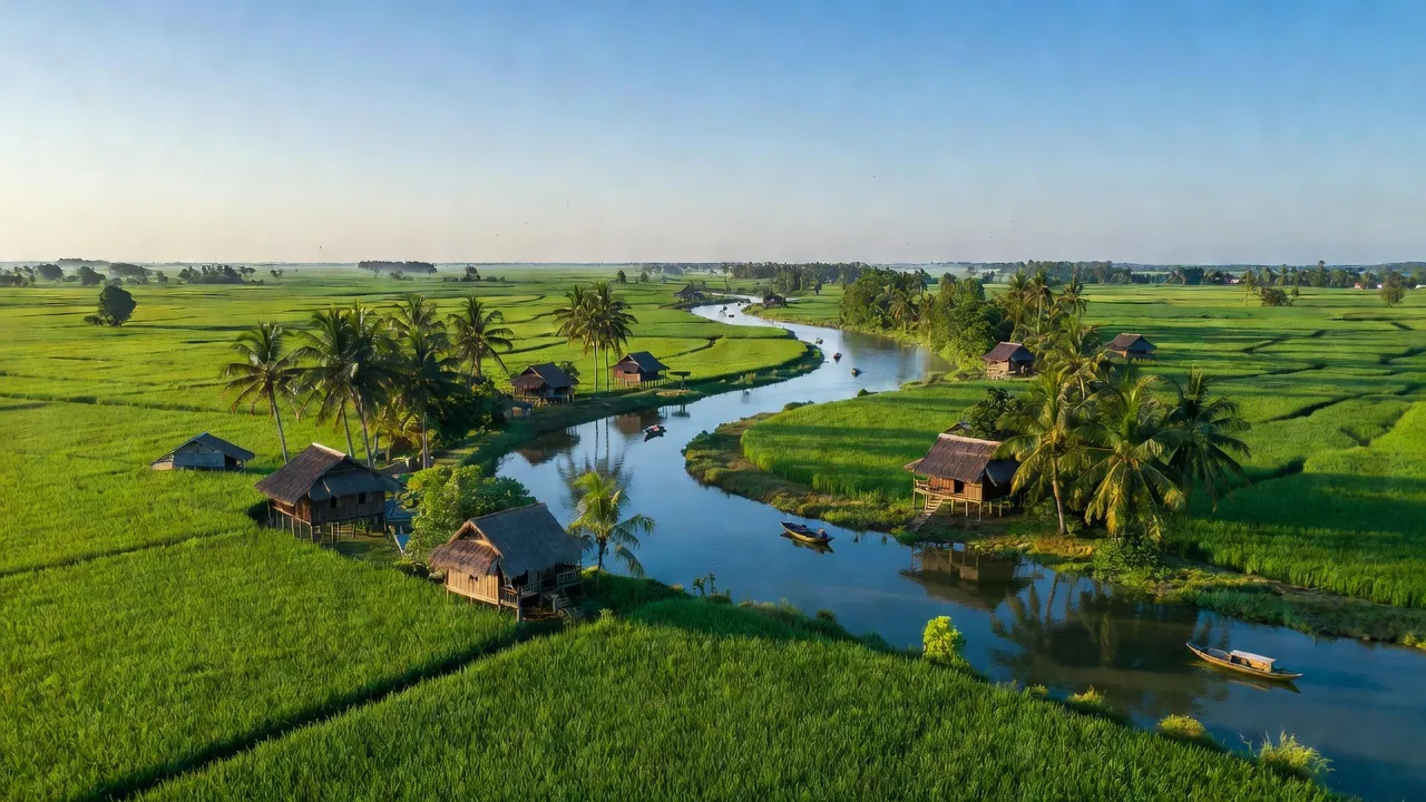 Thạnh Yên A village in U Minh Thượng, Kiên Giang, featuring green rice fields and rivers.