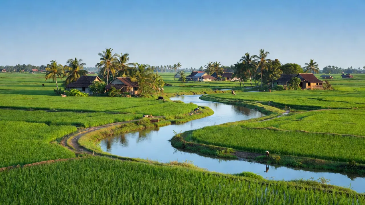 Thạnh Yên A village in U Minh Thượng, Kiên Giang, with rice fields and rivers under clear blue skies.