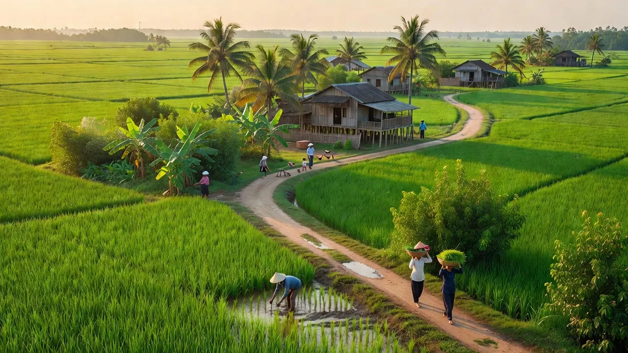 Khung cảnh đồng bằng xanh tươi ở xã Vĩnh Hòa, huyện U Minh Thượng, Kiên Giang, nơi cuộc sống nông nghiệp diễn ra.
