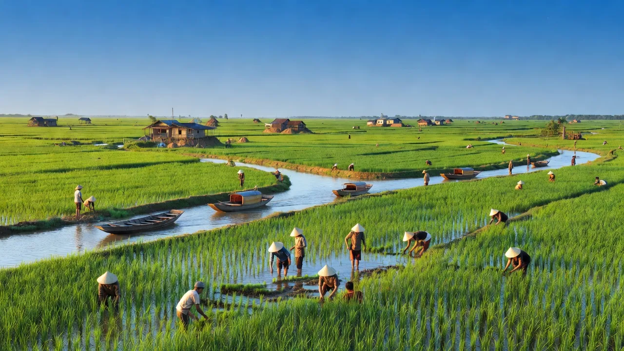 Cảnh quan bình yên huyện Vĩnh Thuận, Kiên Giang với đồng xanh và sông nước mát mẻ.