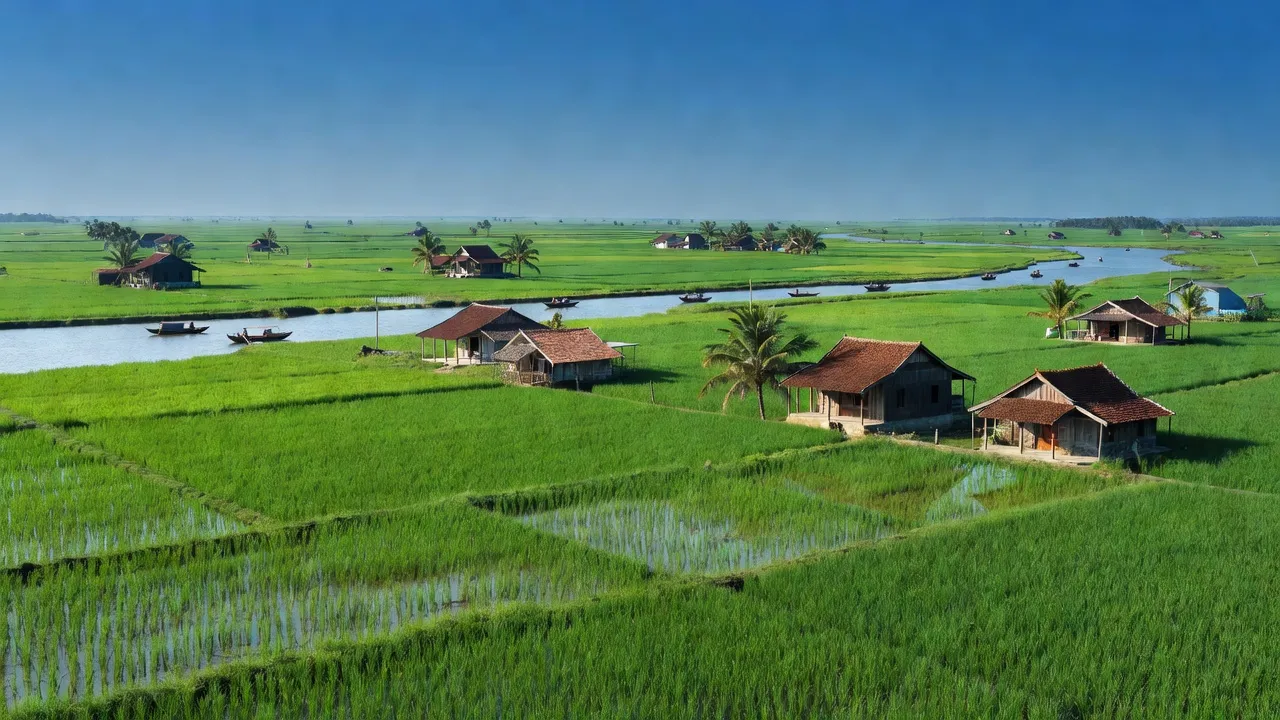 Khung cảnh huyện Vĩnh Thuận, Kiên Giang với cánh đồng xanh và nhà truyền thống Việt Nam.