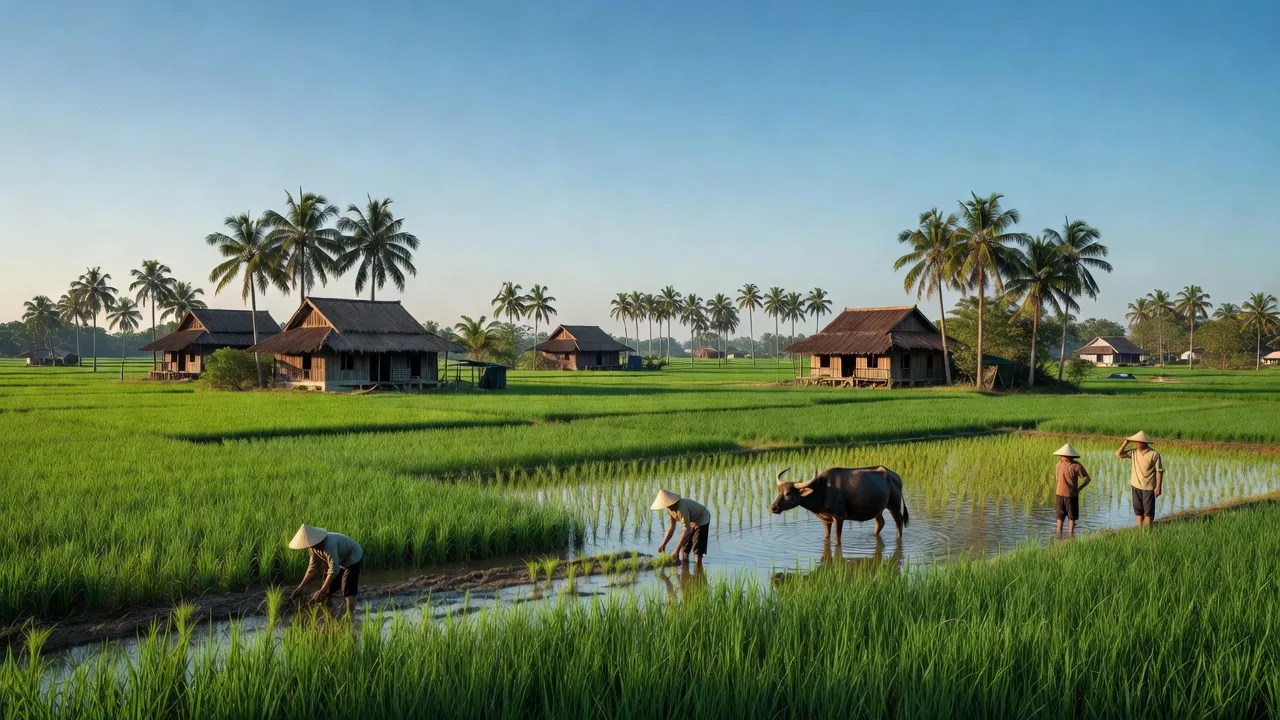 Cảnh đẹp bình yên ở xã Bình Minh, huyện Vĩnh Thuận với cánh đồng xanh mát và nhà truyền thống.