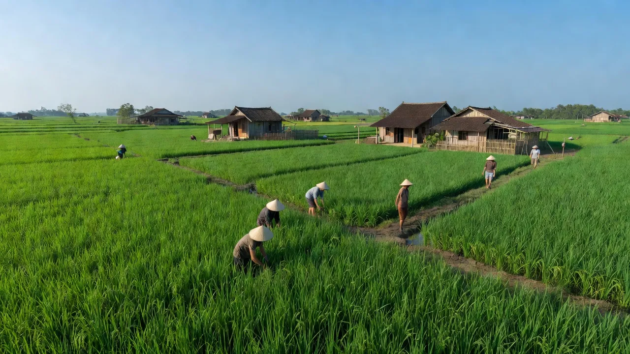 Cảnh quan yên bình xã Bình Minh, huyện Vĩnh Thuận, tỉnh Kiên Giang với cánh đồng xanh và nhà truyền thống.