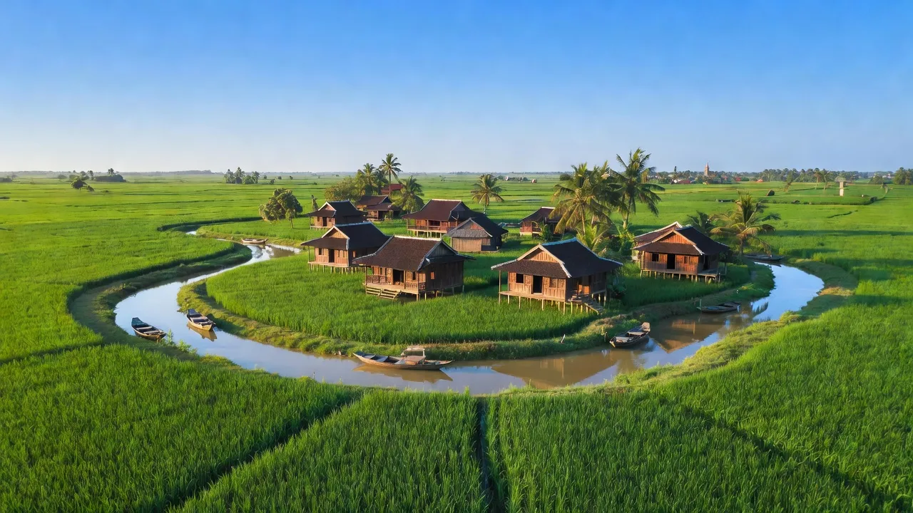 Cảnh hướng về xã Phong Đông, huyện Vĩnh Thuận, tỉnh Kiên Giang với cánh đồng xanh và sông nước.