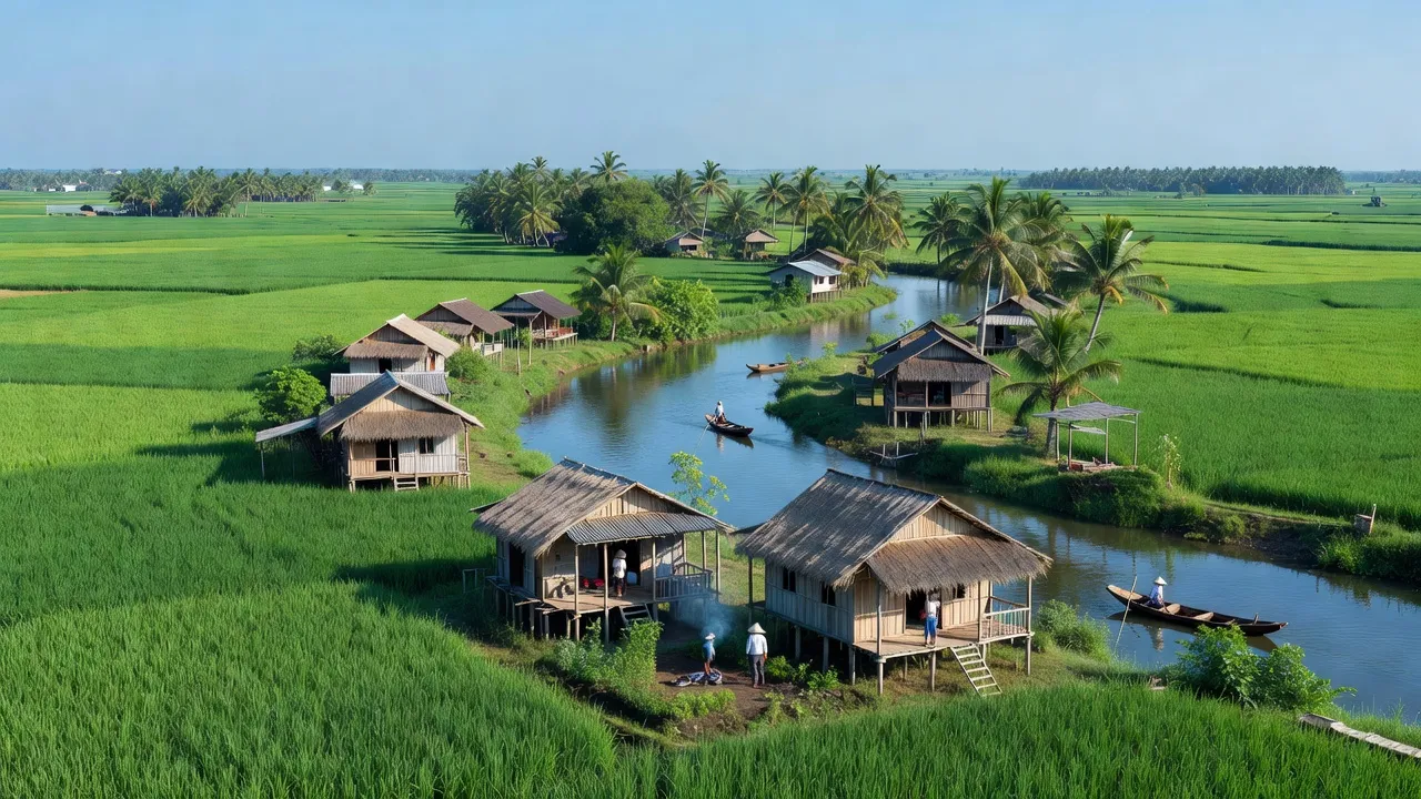 Phong Đông, Vĩnh Thuận, Kiên Giang with lush fields and rivers, showcasing Mekong Delta charm.