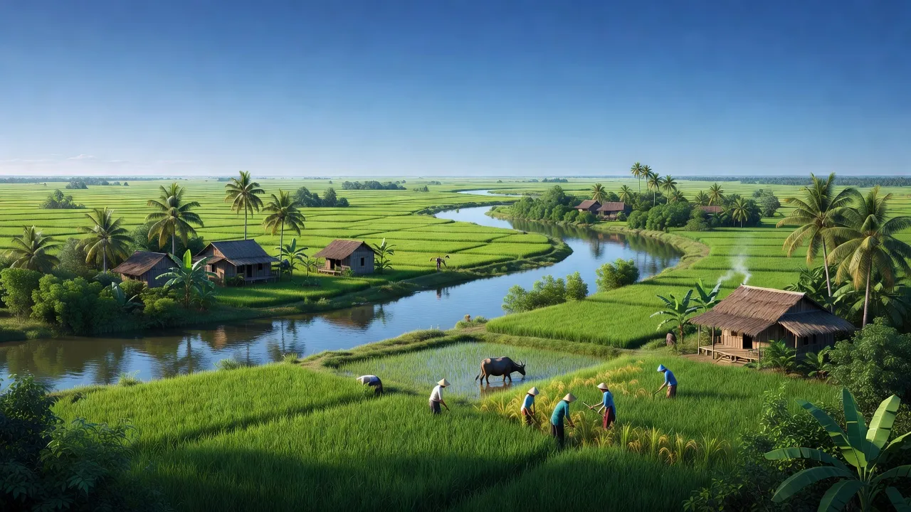 Cảnh quan xã Vĩnh Bình Bắc, huyện Vĩnh Thuận, bao gồm sông Cái và cánh đồng xanh.