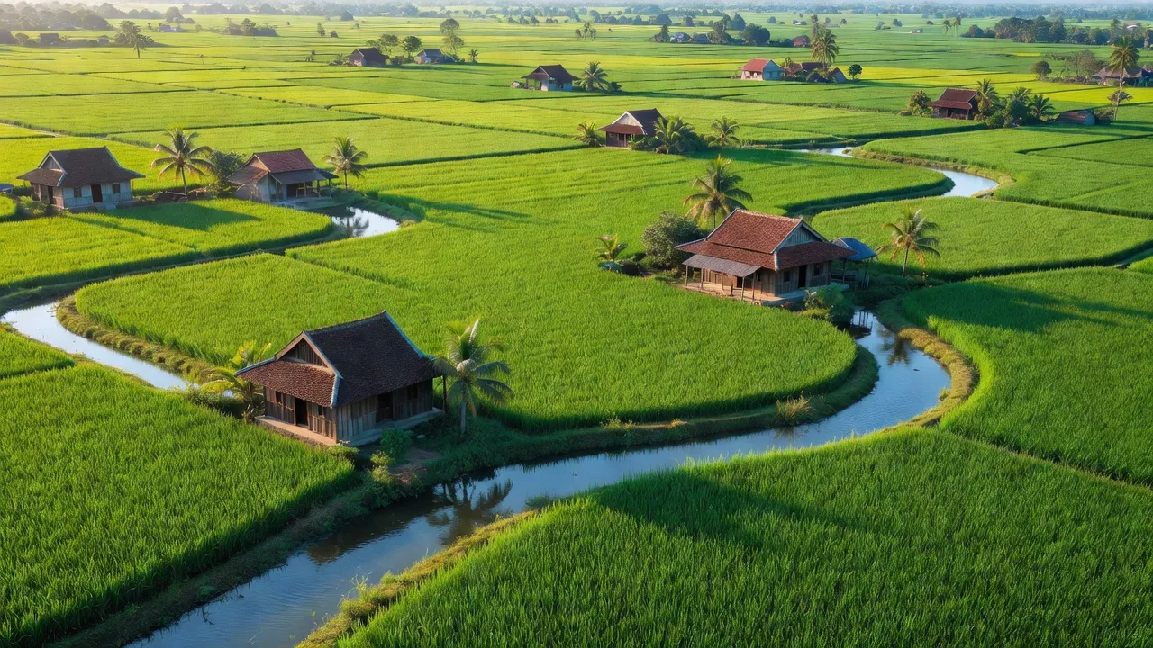 Cảnh sắc xã Vĩnh Bình Bắc, huyện Vĩnh Thuận, Kiên Giang với cánh đồng và sông nước xanh mát.