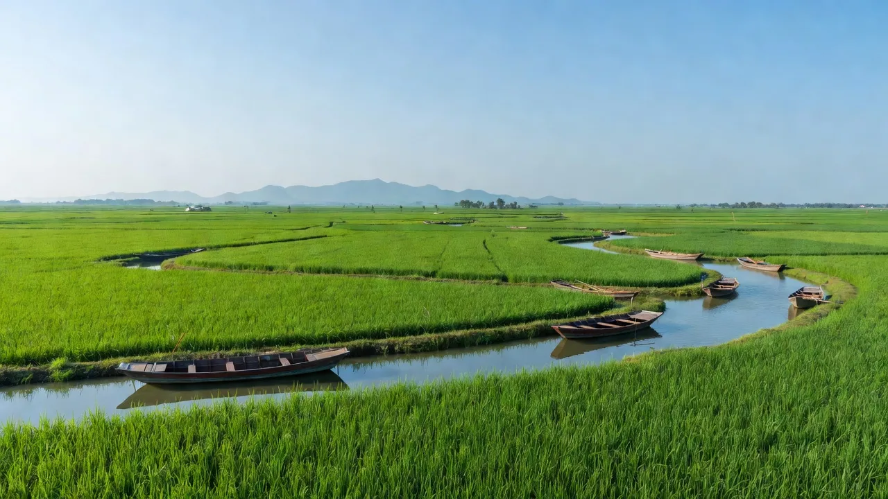 Cảnh quan xã Vĩnh Bình Nam, huyện Vĩnh Thuận, Kiên Giang với ruộng xanh và kênh rạch.