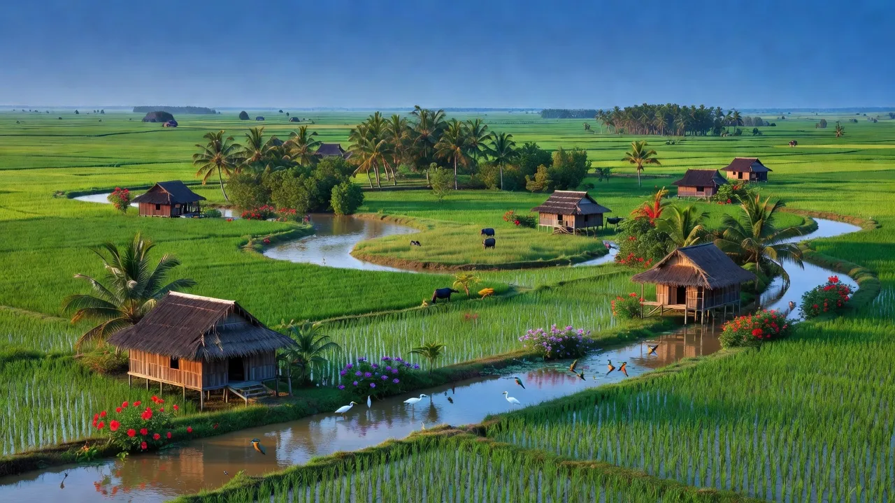 Cảnh đẹp xã Vĩnh Phong, huyện Vĩnh Thuận, tỉnh Kiên Giang với cánh đồng xanh và nhà gỗ truyền thống.
