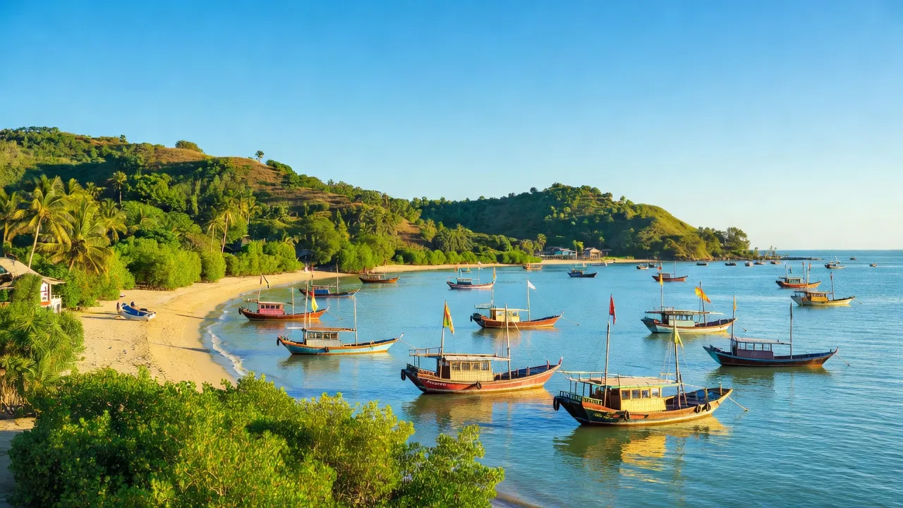 Khung cảnh Kiên Giang, Việt Nam với bến cảng truyền thống và cỏ cây xanh mướt.
