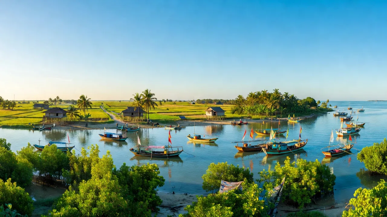 Khung cảnh tỉnh Kiên Giang với thuyền đánh cá và biển xanh, thể hiện vẻ đẹp ven biển Việt Nam.