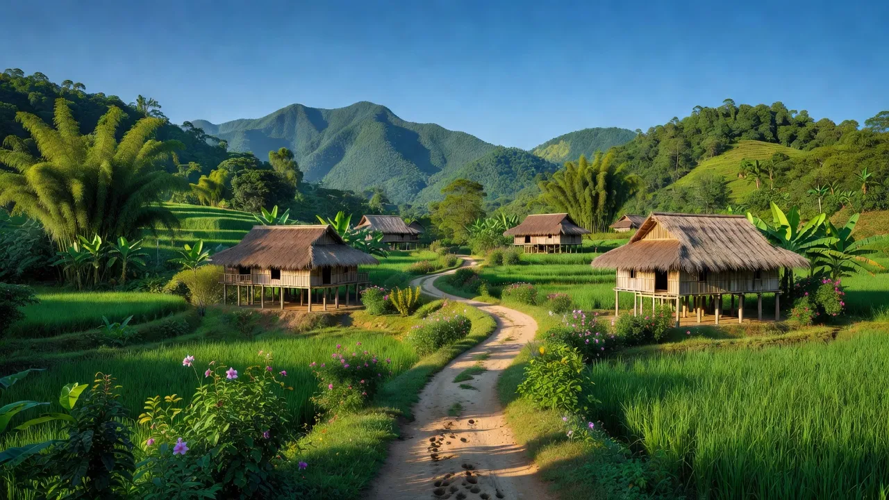 Cảnh đẹp xã Đắk Choong, huyện Đắk Glei, tỉnh Kon Tum với núi rừng xanh tươi và nhà truyền thống.