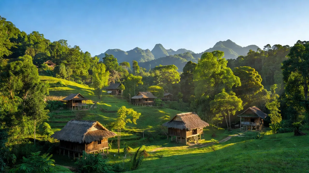 Khung cảnh thiên nhiên xã Đắk Choong, huyện Đắk Glei, tỉnh Kon Tum với đồi núi và nhà sàn.