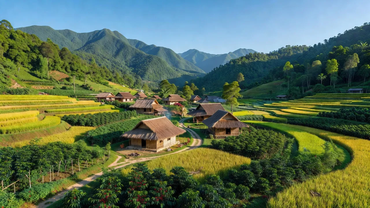 Quang cảnh xã Đắk KRoong, Huyện Đắk Glei, Tỉnh Kon Tum với núi non xanh tươi và nhà truyền thống.