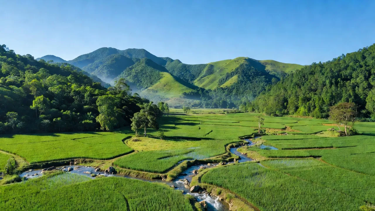 Khung cảnh thiên nhiên Xã Đắk Long, Huyện Đắk Glei, Tỉnh Kon Tum với rừng núi và bầu trời xanh.