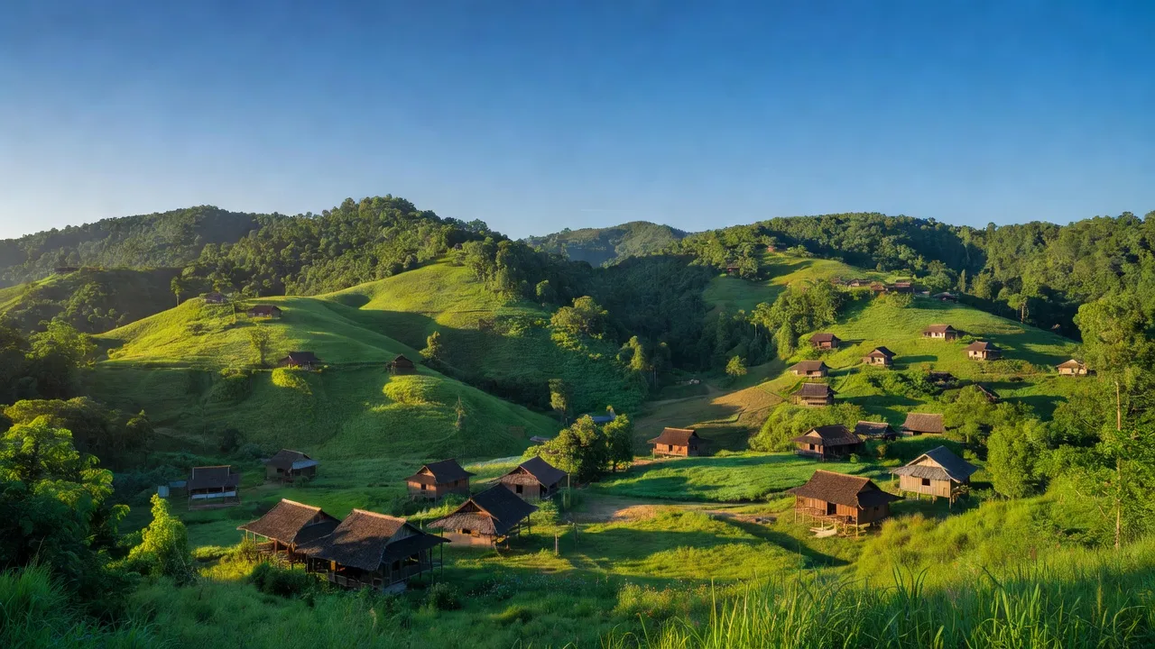 Khung cảnh yên bình của Xã Đắk Long, huyện Đắk Glei, tỉnh Kon Tum với nhà sàn truyền thống.