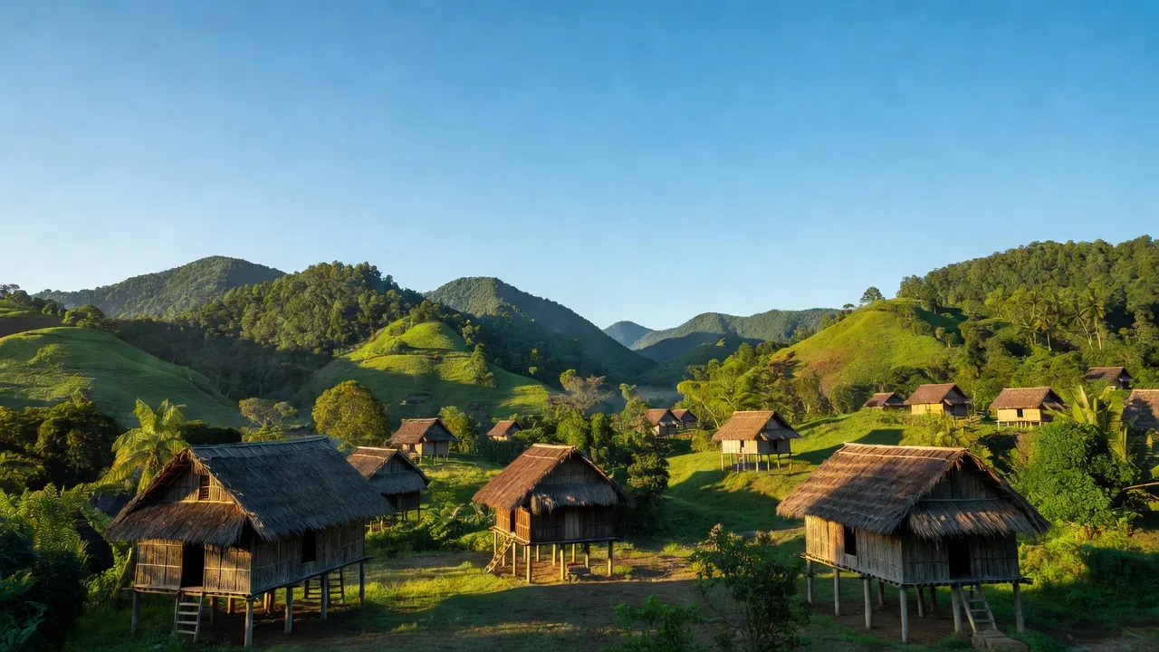 Khung cảnh hữu tình xã Đắk Man, huyện Đắk Glei, tỉnh Kon Tum với núi xanh và nhà sàn truyền thống.