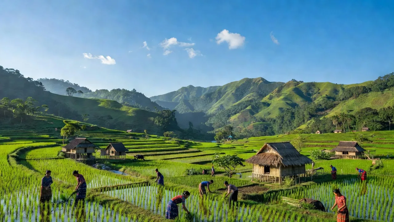 Xã Đắk Man, huyện Đắk Glei, tỉnh Kon Tum với đồi núi xanh tươi và cánh đồng lúa.