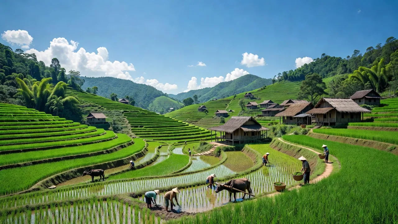 Khung cảnh Đắk Nhoong với đồi xanh và thung lũng màu mỡ, tỉnh Kon Tum, Việt Nam.