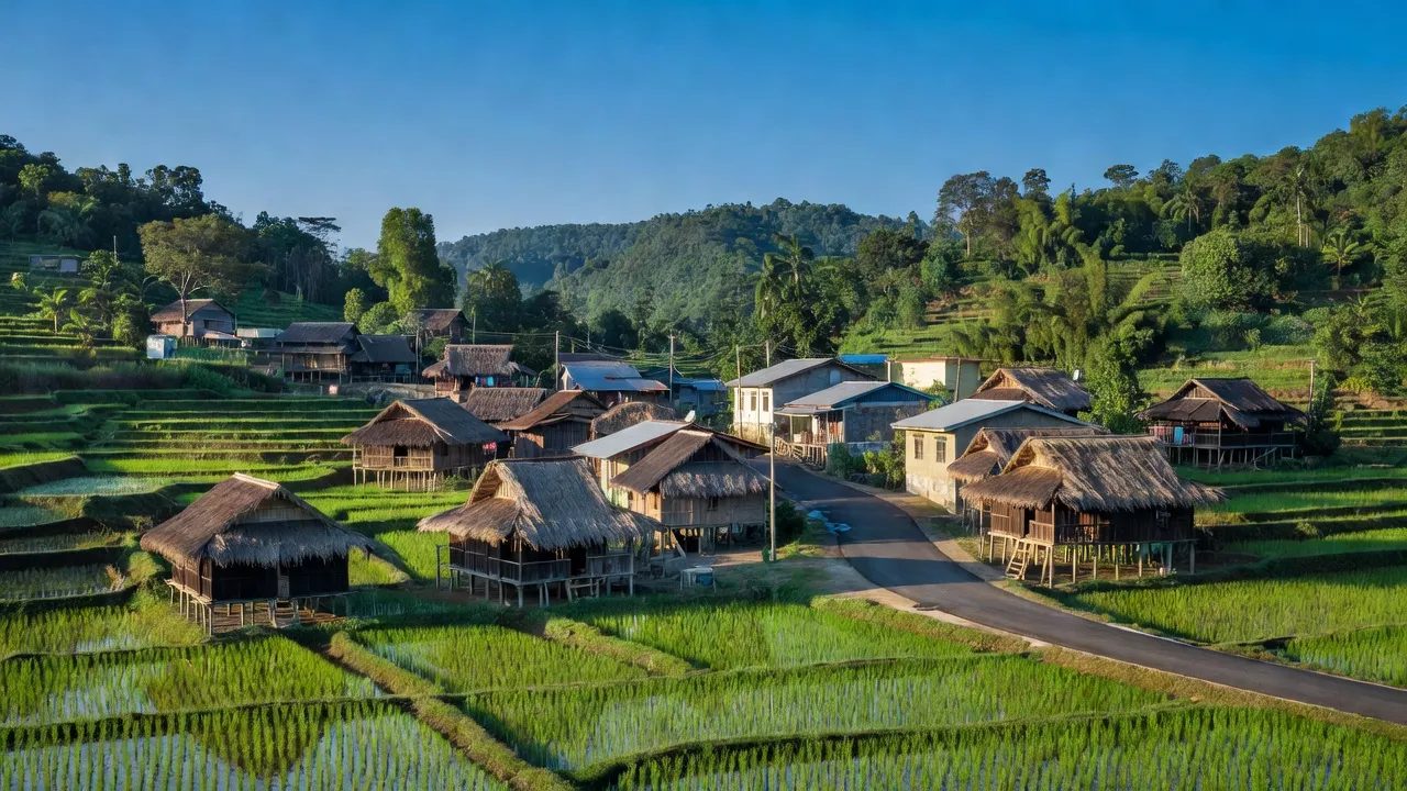 Cảnh quan Xã Đắk Pék, huyện Đắk Glei, Kon Tum với nhà truyền thống và cánh đồng xanh.
