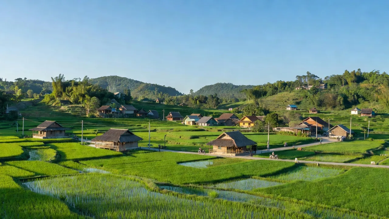 Cảnh quan Xã Đắk Pék, huyện Đắk Glei, tỉnh Kon Tum với đồng ruộng xanh mướt và nhà truyền thống.