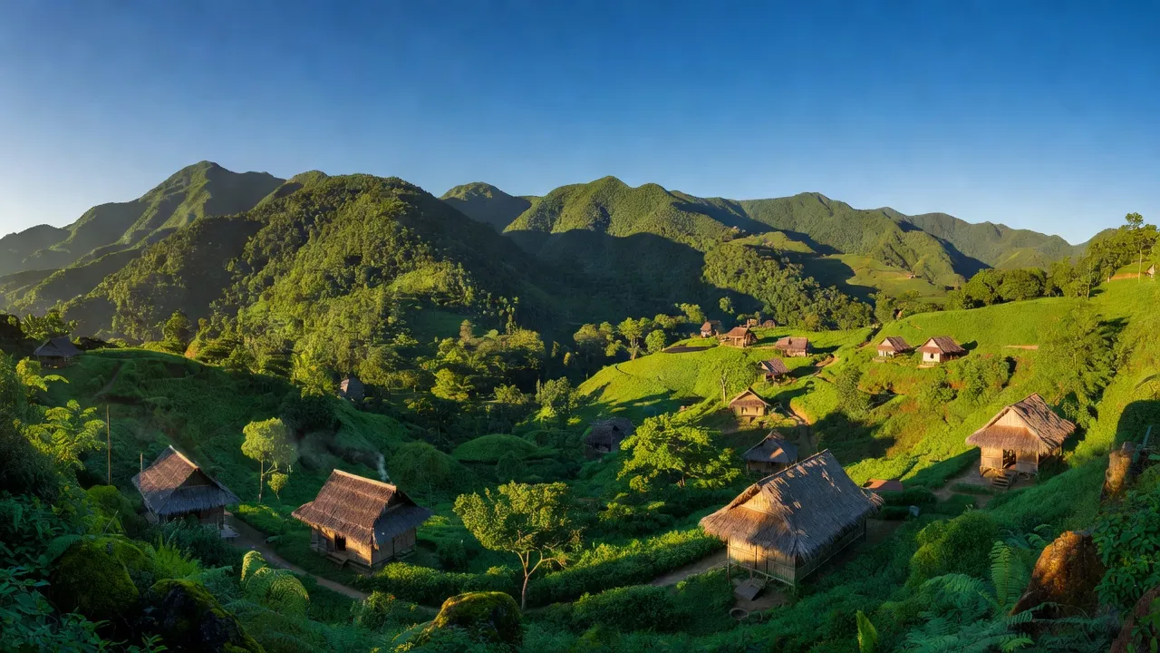Khung cảnh Xã Ngọc Linh Đắk Glei, núi rừng, thung lũng xanh tươi, nhà truyền thống.