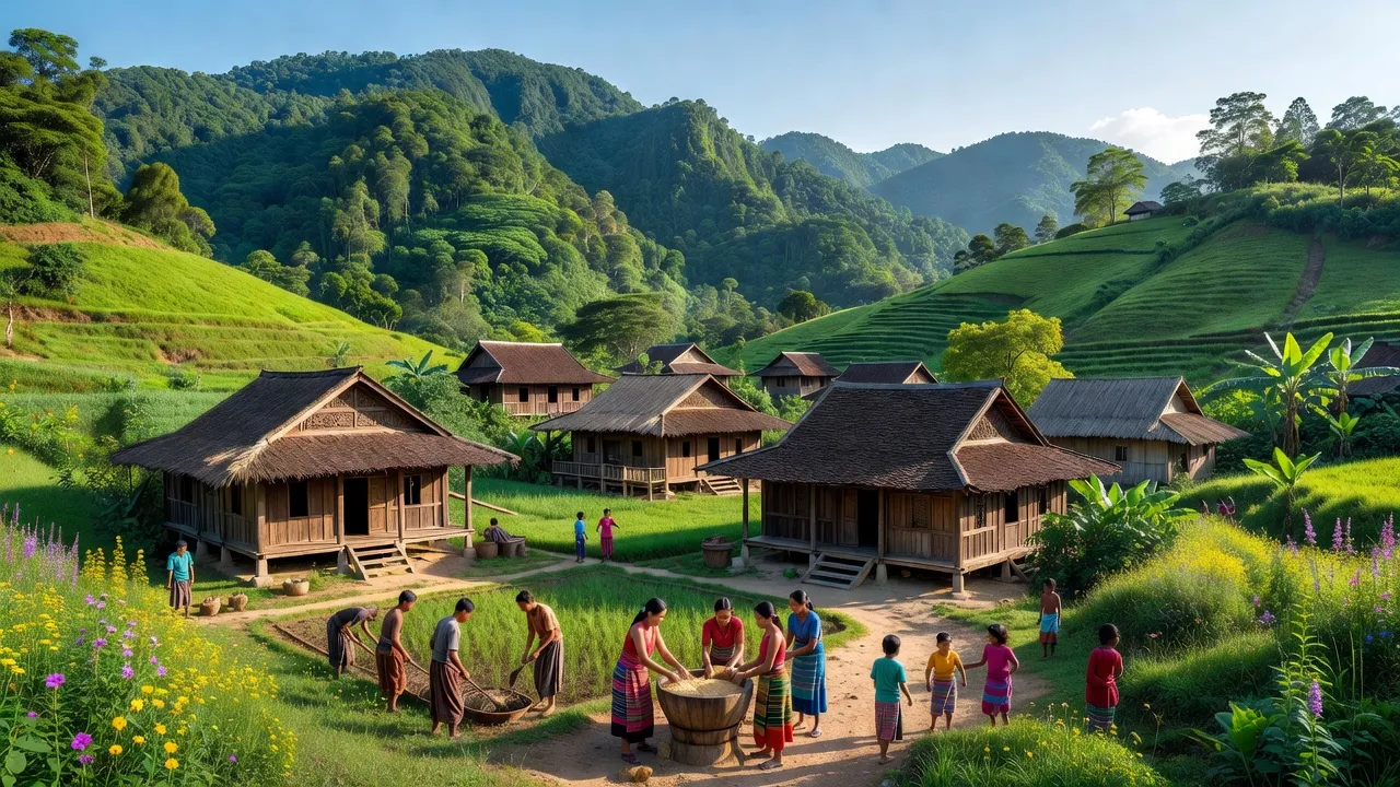 Khung cảnh thiên nhiên Xã Xốp, Đắk Glei, Kon Tum với núi rừng xanh tươi và nhà sàn truyền thống.
